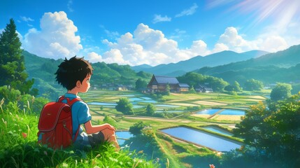 Fototapeta premium A cute little boy sitting on the grass with backpack , gazing at the distant mountains in a vibrant springtime setting.