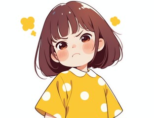 A cute little girl with short brown hair, wearing a yellow polka-dot outfit, displays an angry expression