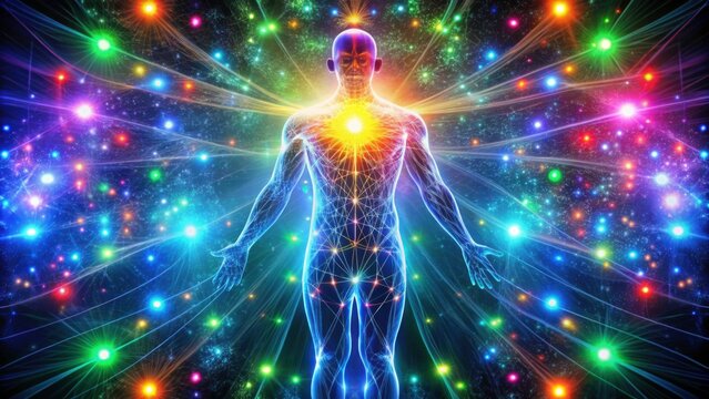 Visualization of human energy field with colorful glowing lights , human, energy, field, visualization, aura