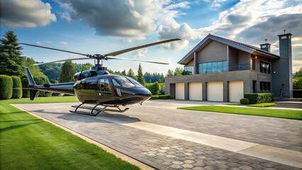 Private billionaire house with black helicopter on runway