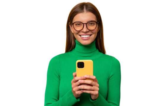 Portrait of woman with phone, browsing dating app