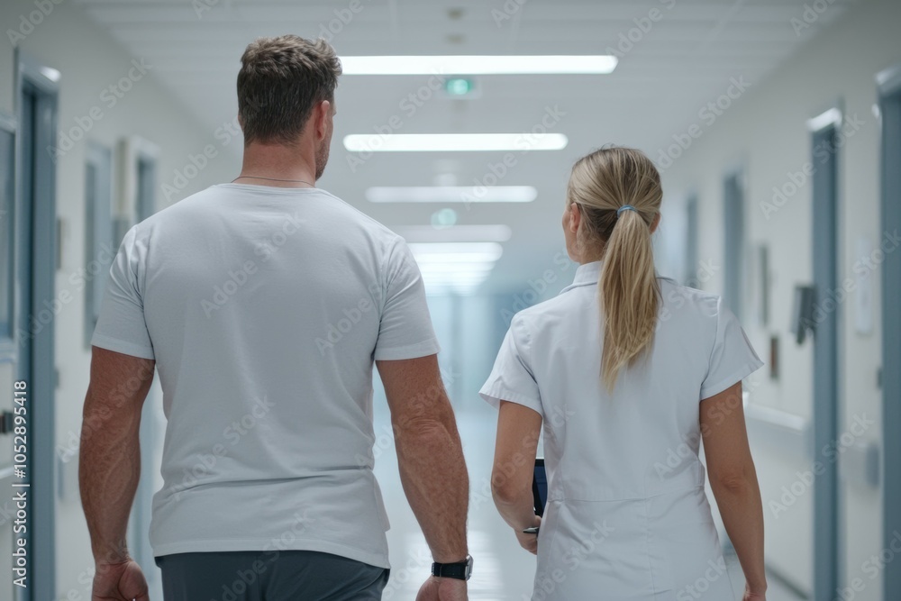 Canvas Prints A man and a woman are walking down a hallway in a hospital