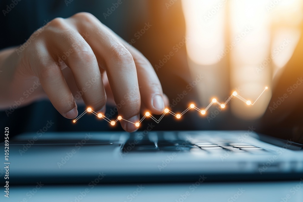 Poster a person is typing on a laptop with a graph on the screen