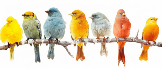 Fototapeta premium A row of birds sitting on branches against a white background, in a detailed painting with pastel colors.