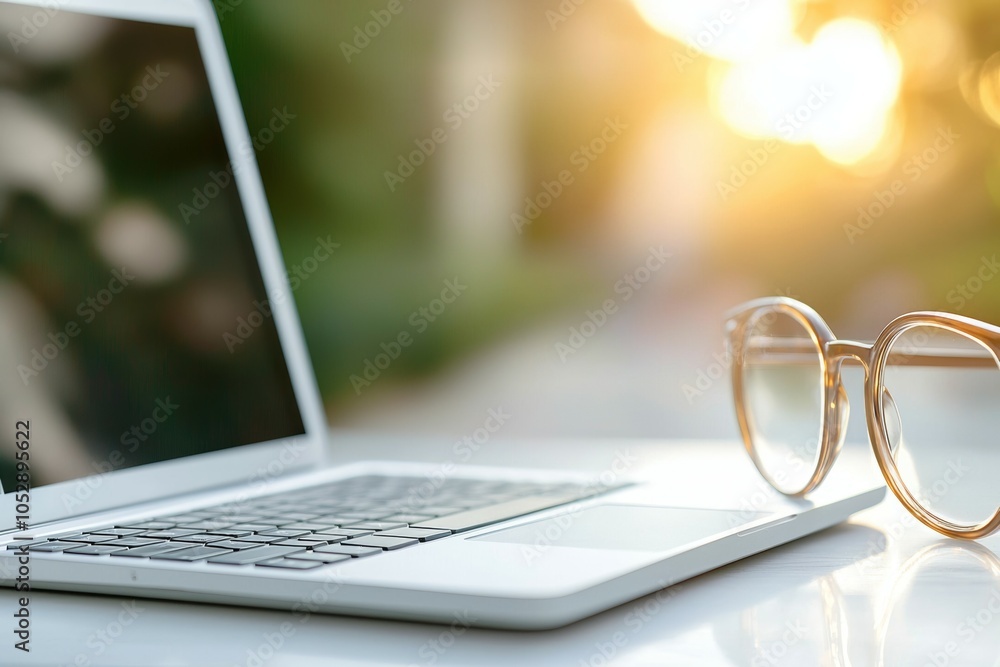Poster a laptop is open on a table with a pair of glasses on top of it