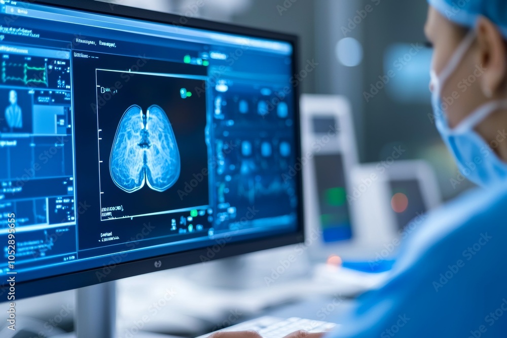Poster a doctor is looking at a computer monitor displaying a brain scan
