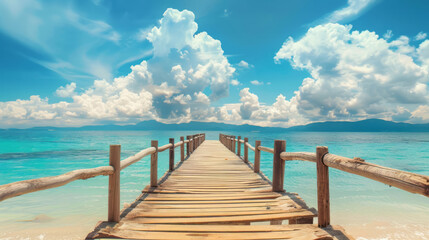 Naklejka premium A wooden bridge leading to the sea on a tropical beach background with a sky and white clouds, concept of a summer vacation at island resorts.