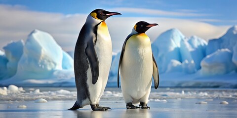 Obraz premium Two Majestic Penguins Stand Tall on a Frozen Shoreline, a Symphony of White and Black Against a Backdrop of Glimmering Icebergs