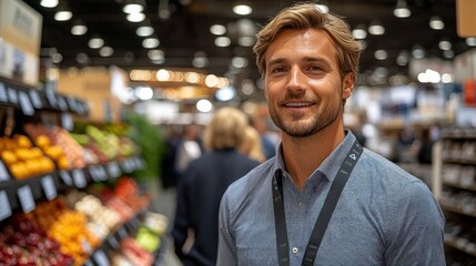Obraz premium Smiling Man Wearing a Blue Shirt with a Lanyard in a Market Setting