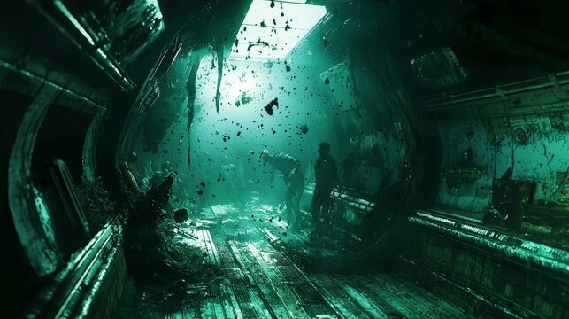 A space exploration crew encountering a zombie horde inside an abandoned spaceship, with eerie lighting and floating debris