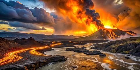 Naklejka premium A fiery volcanic eruption illuminates the landscape with molten lava flowing like rivers, creating a breathtaking spectacle of nature's raw power.