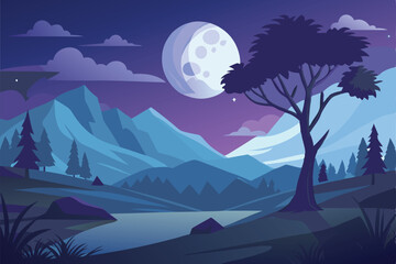 moonlit landscape with tree silhouette