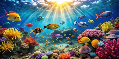 Stunning underwater shot of colorful marine creatures swimming in their natural habitat, ocean, wildlife, majestic