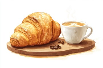 Croissant  Coffee  and Coffee Beans on Wooden Board