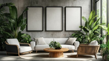 Fototapeta premium Minimalist living room with white sofa, two armchairs, wooden coffee table, three empty frames, and lush greenery.