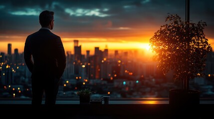 Fototapeta premium A Man in a Suit Looking Out a Window at a City Skyline during Sunset