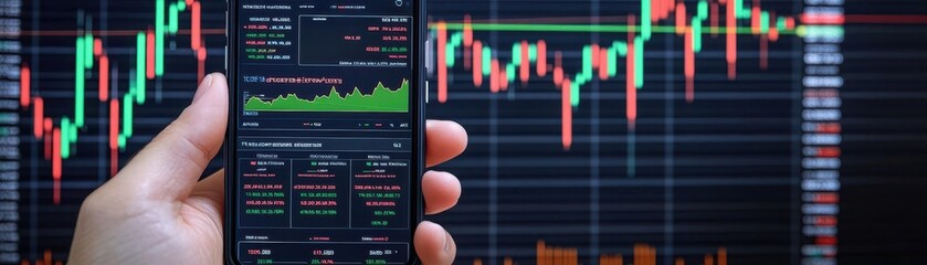A hand holding a smartphone showing stock dashboard, with company logos, green and red trend lines, clean look