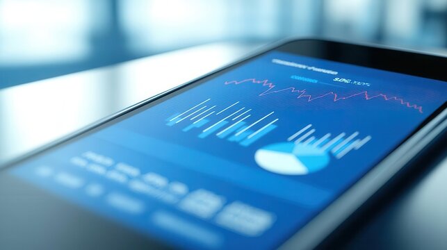 Closeup of a smartphone screen with financial data, fluctuating stock lines and pie chart, minimalist background
