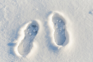 Close-up of footprints in the snow, top view on a white background with copy space.