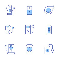 Charging icons set. Line Duotone style, editable stroke. power bank, electric station, power generation, power, battery level, charging station, charger, socket