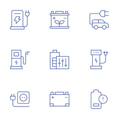 Charging icons set. Thin Line style, editable stroke. accumulator, battery, car battery, electric car, energy station, low battery, charging station, electric charge, socket