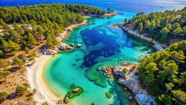 Aerial view of stunning orange beach lagoon in Kavourotripes, Greece, with turquoise water