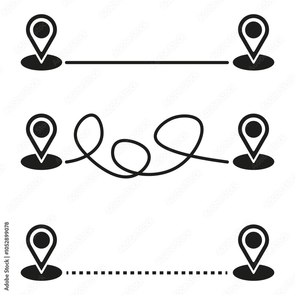 Poster path marker icons. line navigation symbols. vector directional lines. black and white design.