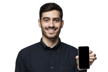 Mockup of smiling young man looking at camera, holding phone with blank screen