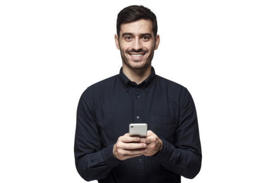 Portrait of handsome young businessman dressed in deepl blue shirt, holding phone