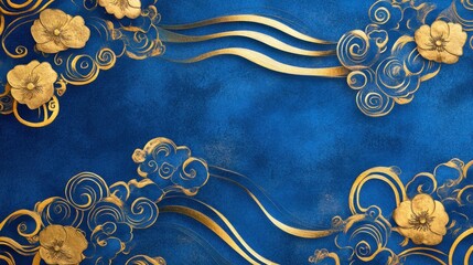 Elegant Korean background with swirling clouds and golden floral patterns on royal blue, capturing tradition, isolated on white