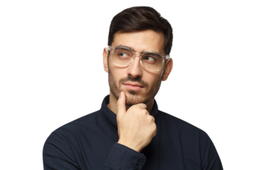 Young man with pensive face thinking of some idea for business