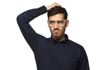 Pensive businessman thinking, scratching his head trying to find solution