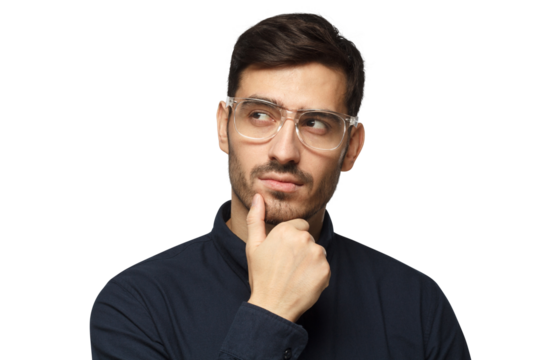 Young man with pensive face thinking of some idea for business