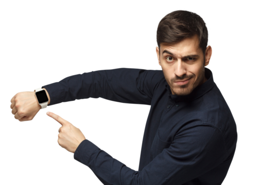 It's time to act! Young man pointing at watch with impatience as if asking to hurry up