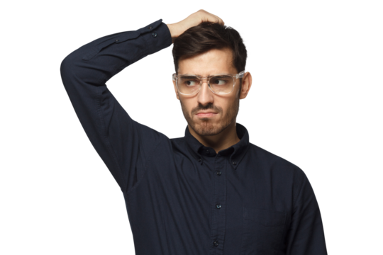 Pensive businessman thinking, scratching his head trying to find solution