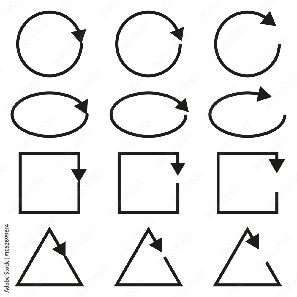 Poster rotating arrows set. geometric arrow symbols. vector rotation icons. shapes with different direction