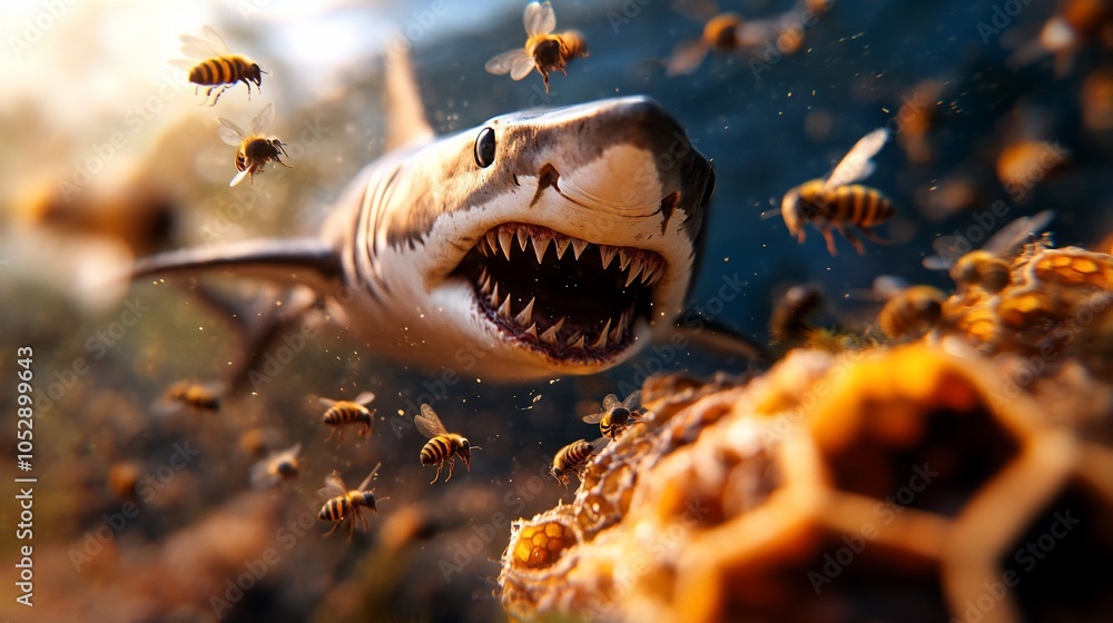 Aufkleber a great white shark with sharp teeth swims towards a honeycomb while bees swarm around it.