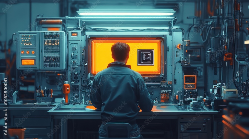 Poster a man observing a glowing circuit board through a window in a futuristic lab