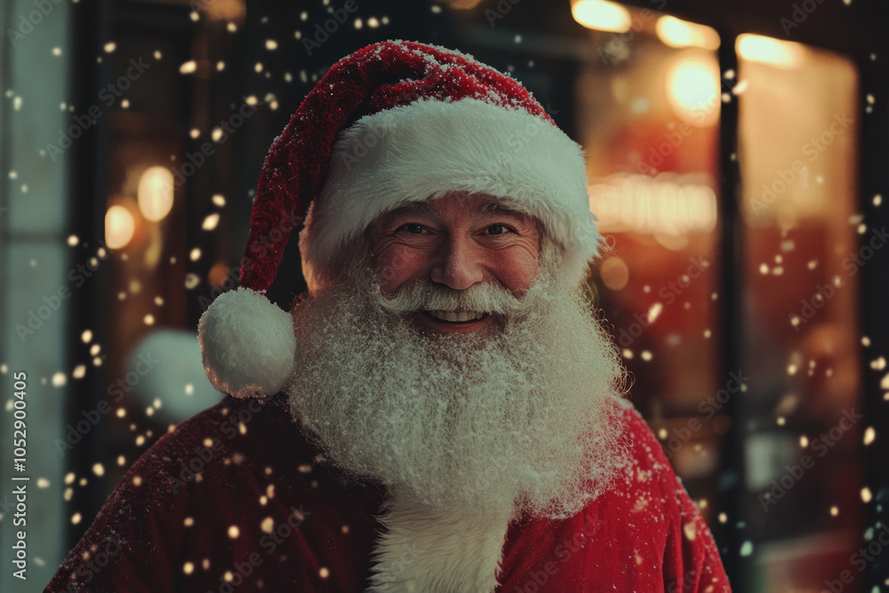 Wall mural man dressed as santa claus posing with a group of children in front of a brightly lit christmas tree