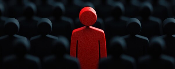 Fototapeta premium Person alone in a crowd, strings controlling others while they are isolated, toxic society manipulation loneliness, isolation and control