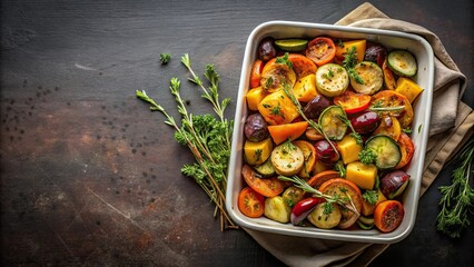 Baked vegetables with thyme in the oven dish on a dark background, oven, vegetables, thyme, baked, healthy, delicious, vegetarian