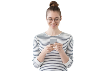 Smiling student girl typing on the phone, holding her smartphone with both hands