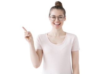 Excited  woman pointing left, looking enthusiastic, making a fun suggestion