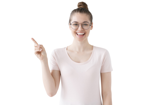 Excited  woman pointing left, looking enthusiastic, making a fun suggestion