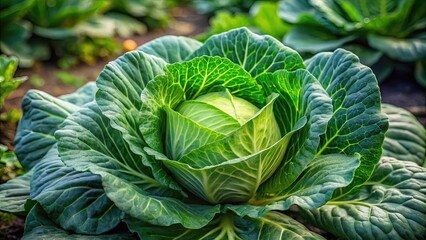 Obraz premium Head of cabbage growing in a lush garden, cabbage, vegetable, fresh, organic, green, leaves, plant, agriculture, healthy, farm