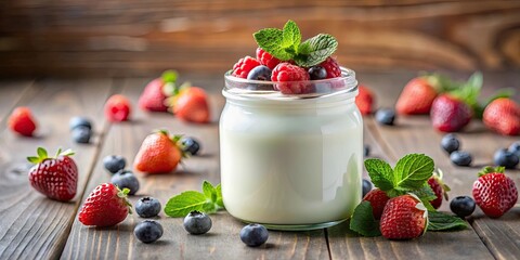 Natural organic yogurt in a glass jar topped with fresh berries, healthy and sustainable food product, organic, yogurt, glass jar