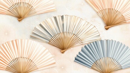 Japanese traditional pattern with delicate golden fans and soft pastel background, symbolizing elegance, isolated on white