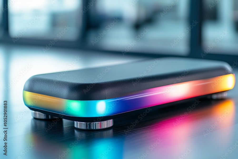 Poster a small device with a colorful light display sits on a table