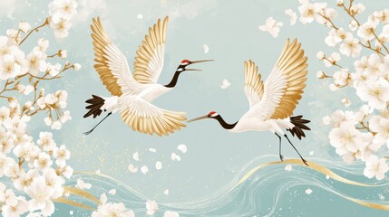 Japanese-inspired design with cranes and cherry blossoms in gold on soft blue, evoking cultural elegance, isolated on white
