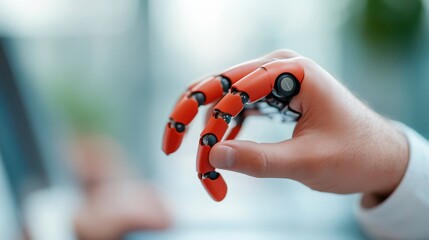 A robotic hand is gently held by a human hand, symbolizing the harmonious connection and evolving interaction between humans and advanced technology in modern times.